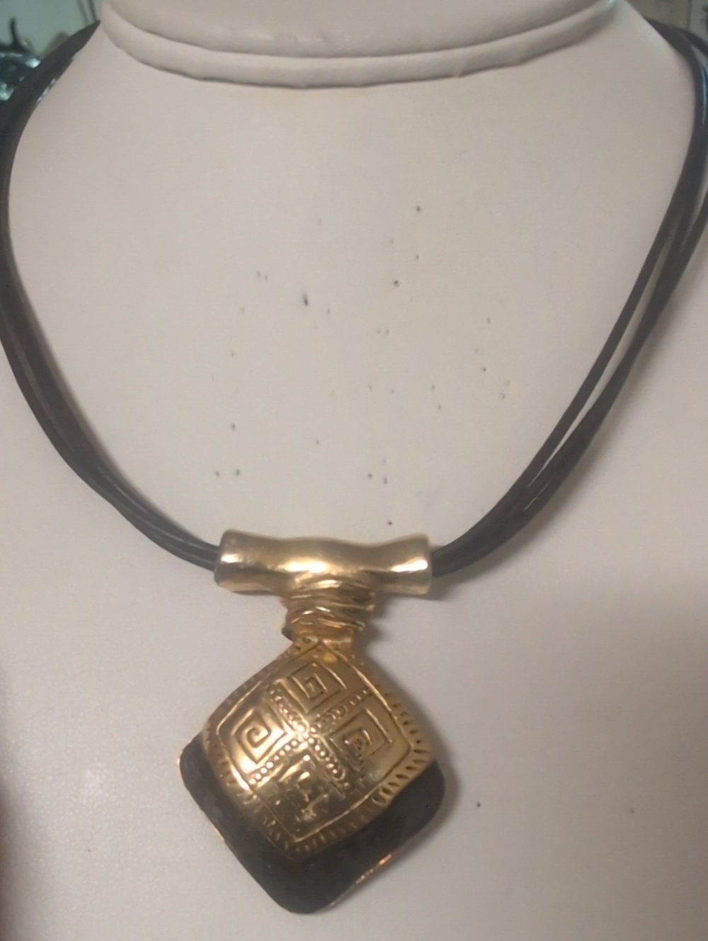 90's Chicos Gold-Tone Geometric Textured Greek Key  Fret Design Necklace